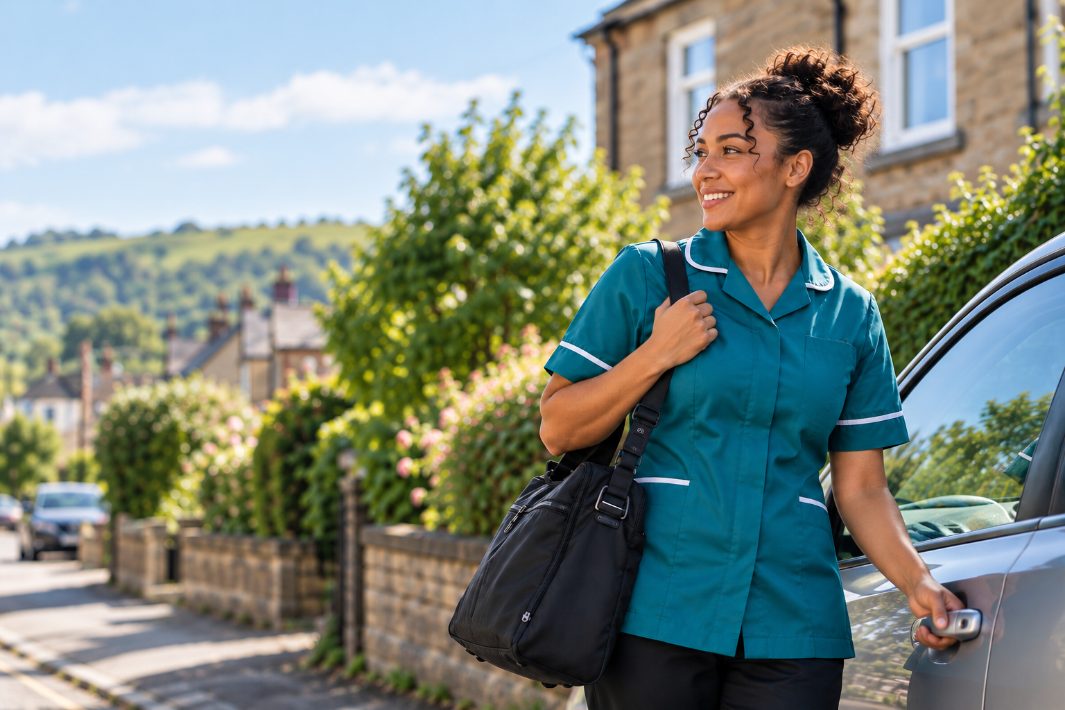 A care worker beside her car between visits